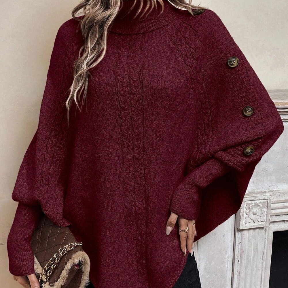 Burgundy Casual Womens Turtleneck Batwing Sleeve Button Detail Poncho Sweater
